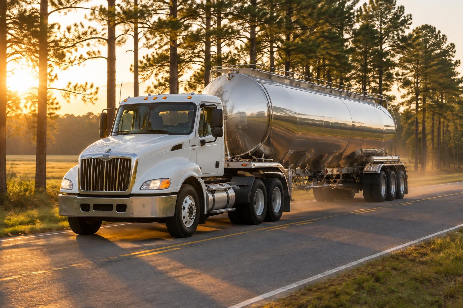 A day cab tractor pulling a polished dry bulk tanker trailer on a two-lane South Carolina highway at golden hour