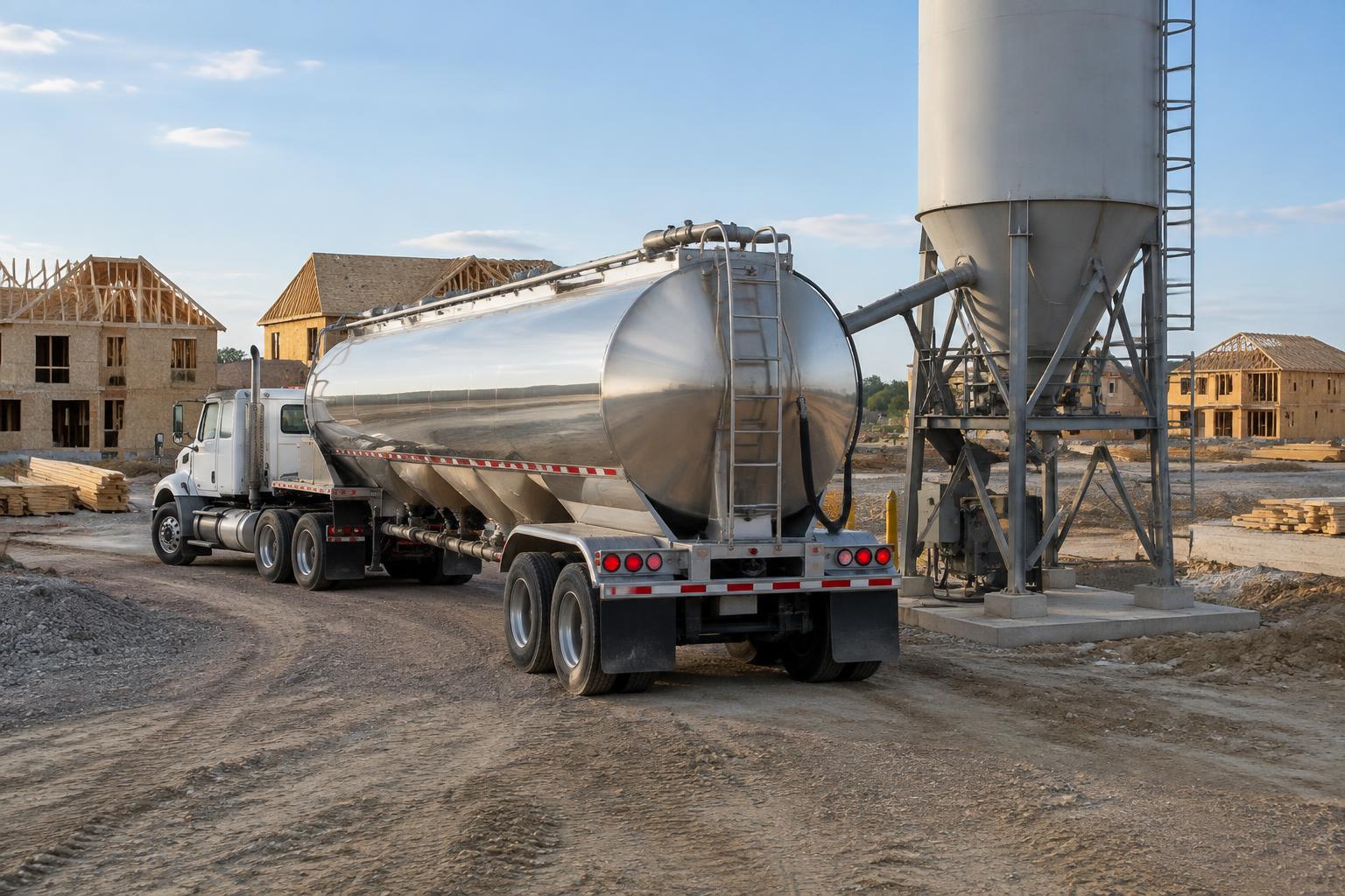 A day cab backing a dry bulk tanker trailer toward a jobsite silo with houses under construction behind