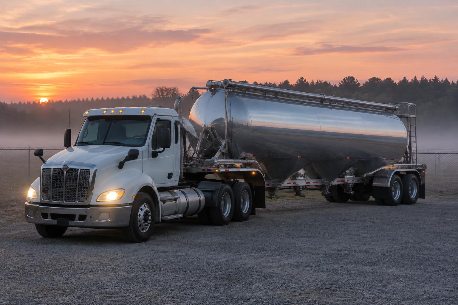 A day cab tractor with a stainless dry bulk tanker trailer parked on gravel at sunrise with mist on the ground